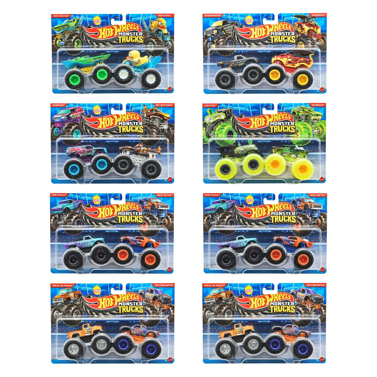 ホットウィール(HotWheels)モンスタートラック1:642パックアソート乗り物おもちゃミニカー2台組×8セット入りBOX販売3歳からマルチFYJ64-987B