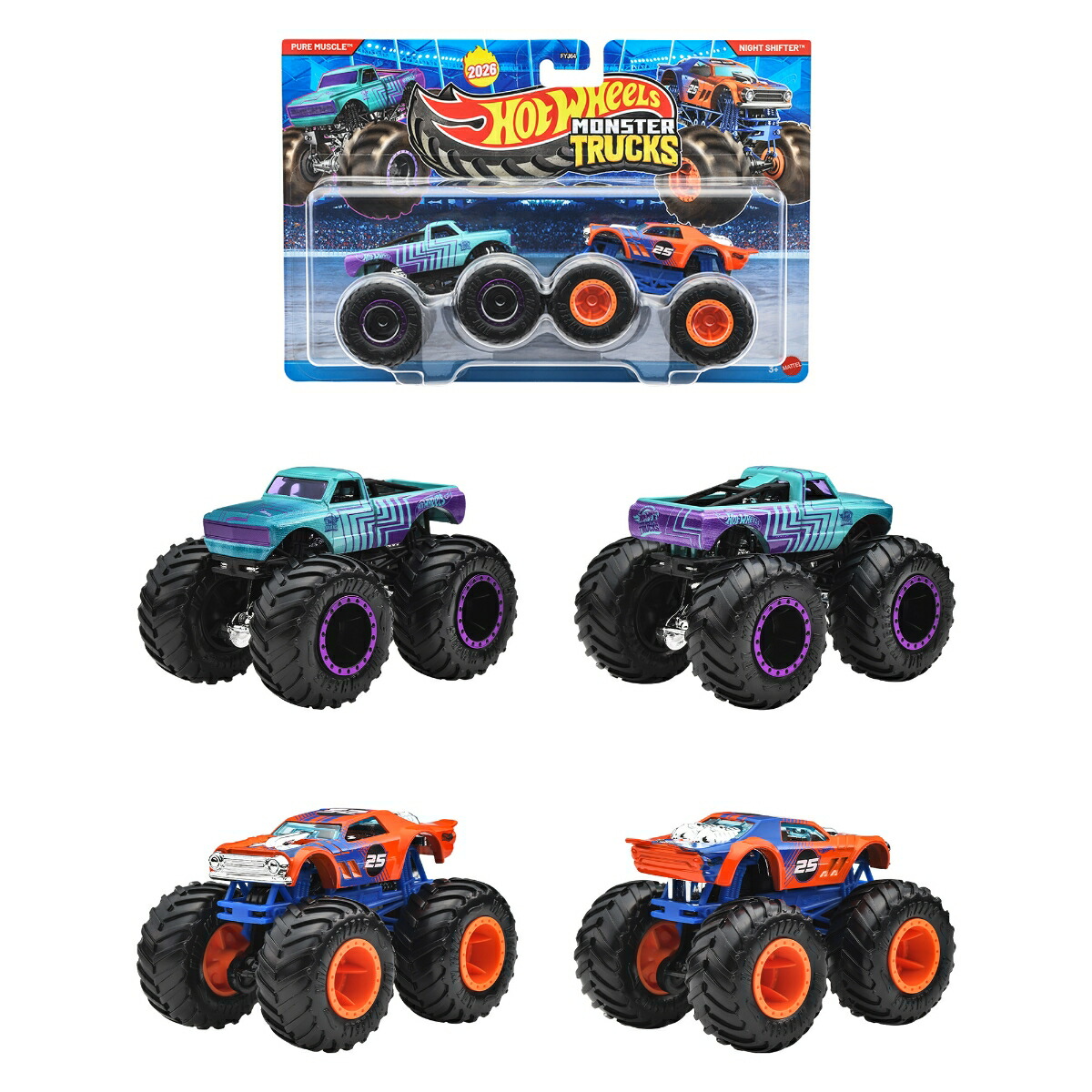 ホットウィール(HotWheels)モンスタートラック1:642パックアソート乗り物おもちゃミニカー2台組×8セット入りBOX販売3歳からマルチFYJ64-987B