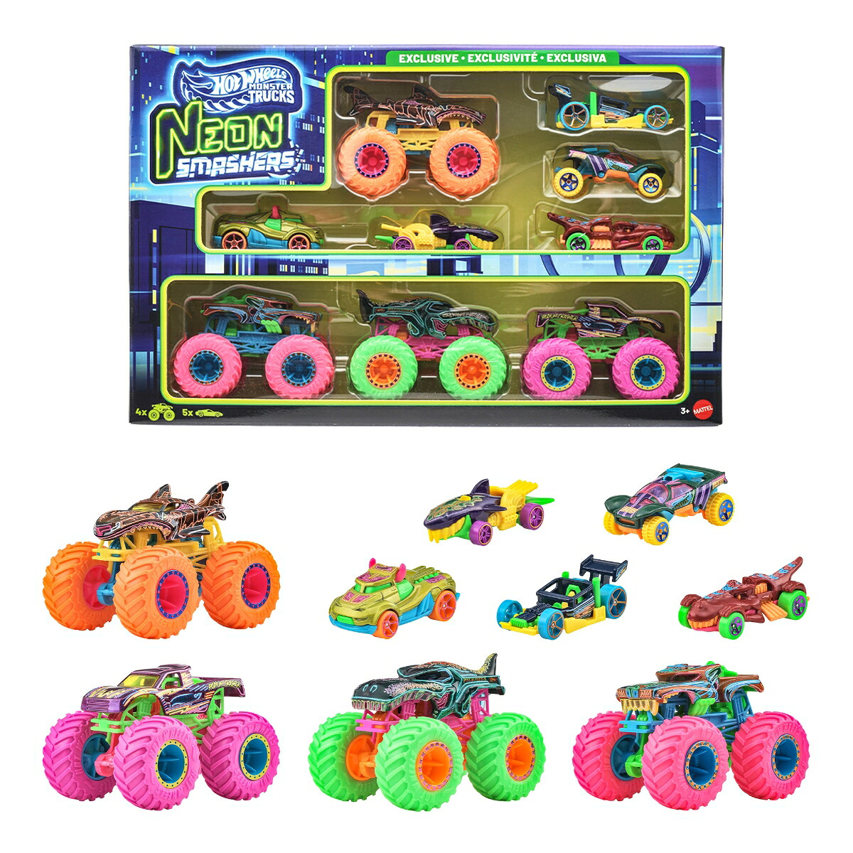 ホットウィール(HotWheels)モンスタートラックネオンスマッシャーズマルチパック乗り物おもちゃモンスタートラック4台ミニカー5台計9台入3歳からネオンJMV38