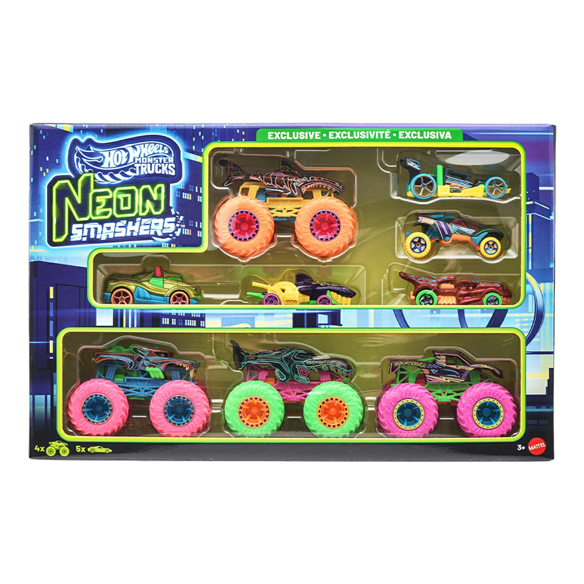 ホットウィール(HotWheels)モンスタートラックネオンスマッシャーズマルチパック乗り物おもちゃモンスタートラック4台ミニカー5台計9台入3歳からネオンJMV38