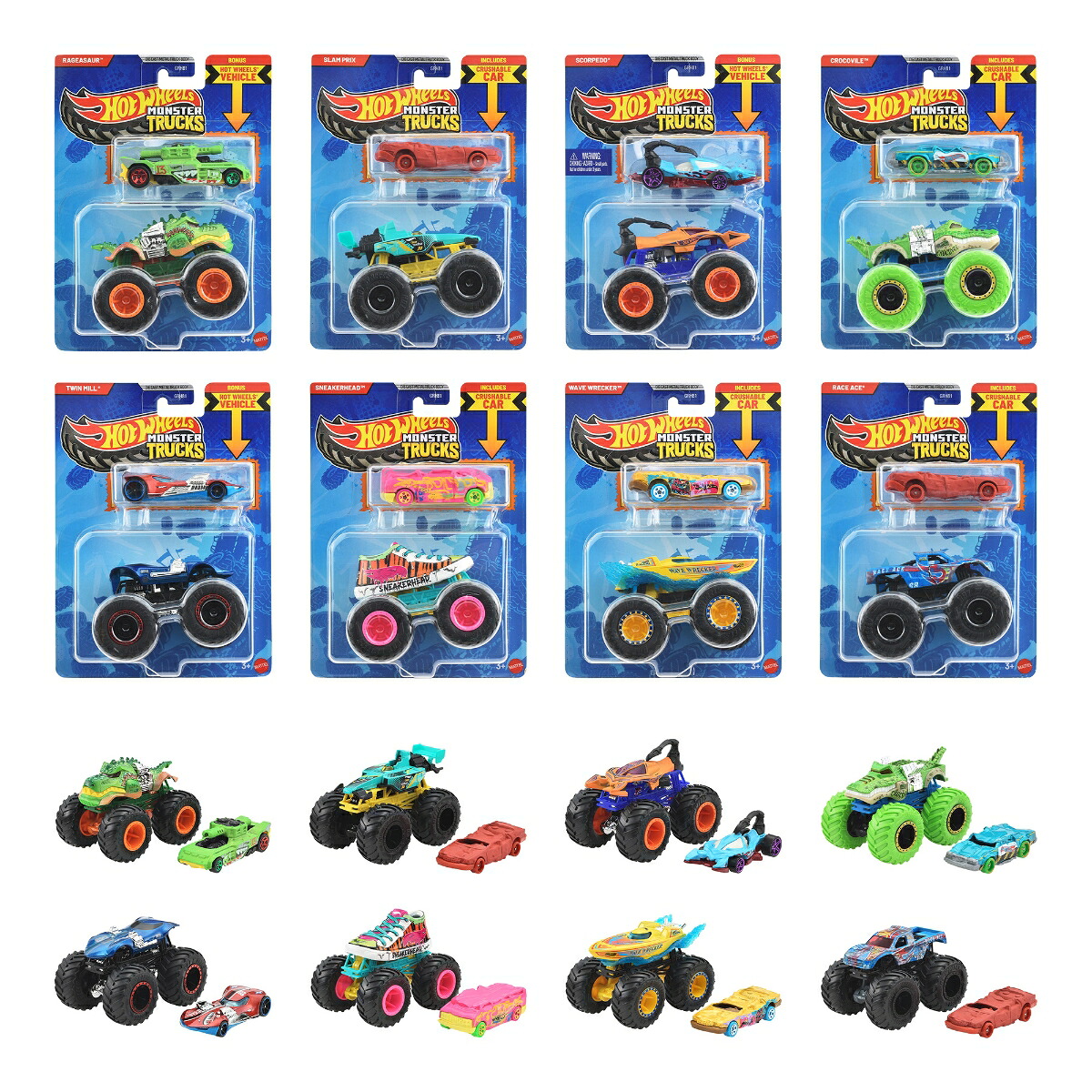 ホットウィール(HotWheels)モンスタートラック+ダイキャストカーアソートメント乗り物おもちゃミニカー8セット計16台入りBOX販売3歳からマルチGRH81-986T
