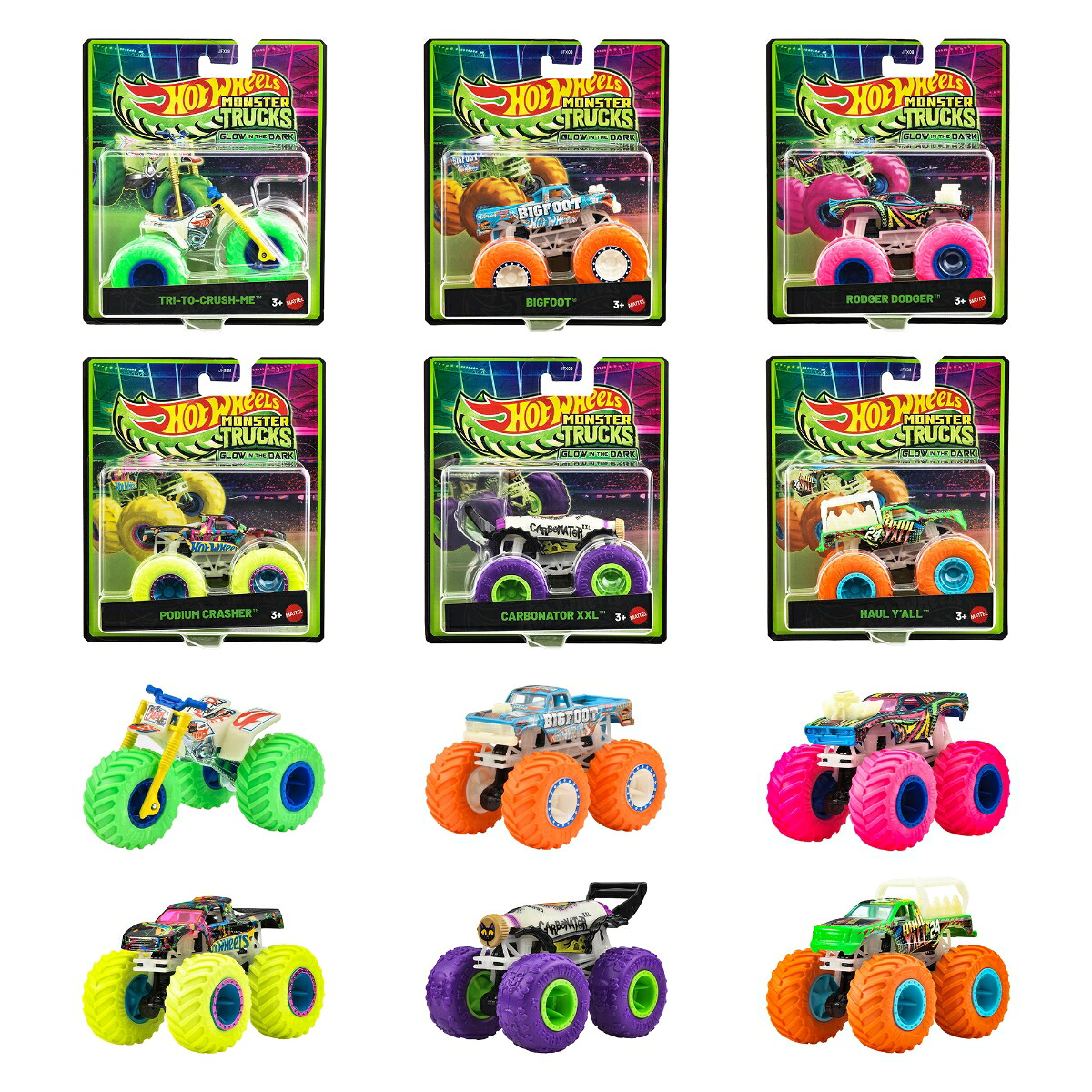 ホットウィール(HotWheels)光る！モンスタートラックアソート乗り物おもちゃミニカー6台入りBOX販売3歳からマルチJFX08-986G