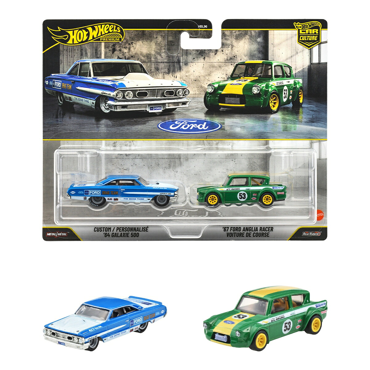 ホットウィール(HotWheels)プレミアム2パックカスタム'64ギャラクシー500/'67フォードアングリアレーサー乗り物おもちゃミニカー3歳からマルチJHW50