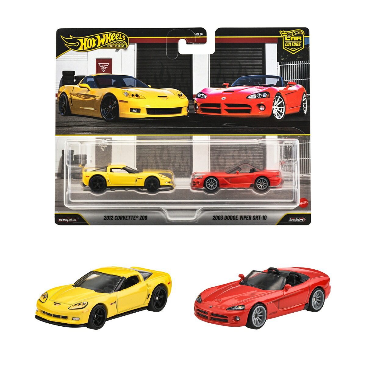 ホットウィール(HotWheels)プレミアム2パック2012コルベットZ06/2003ダッジバイパーSRT-10乗り物おもちゃミニカー3歳からイエロー/レッドJHW54
