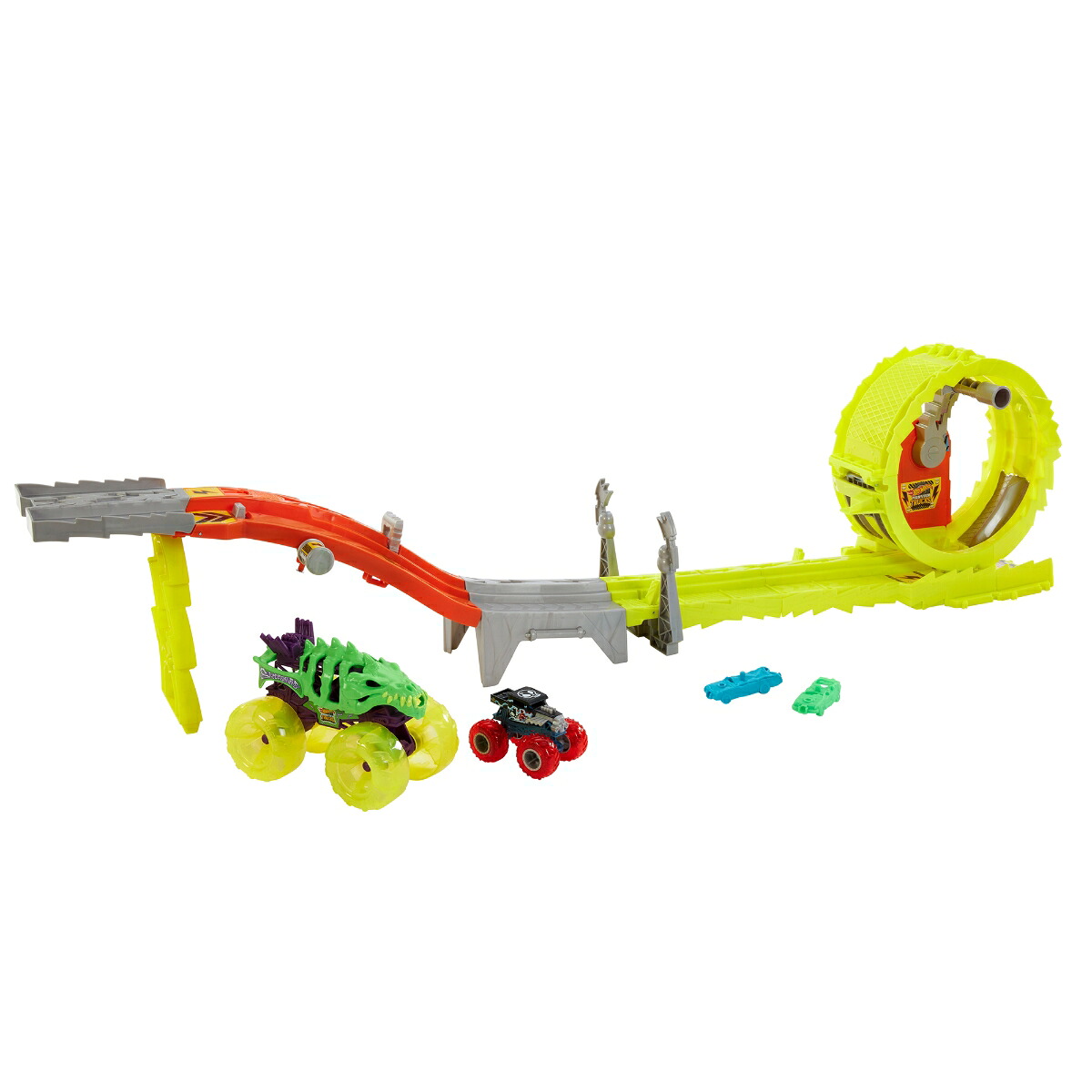 ホットウィール(HotWheels)モンスタートラックスピードチャレンジレースミニカー大小計2台付乗り物おもちゃプレイセット4歳からイエローHXT05
