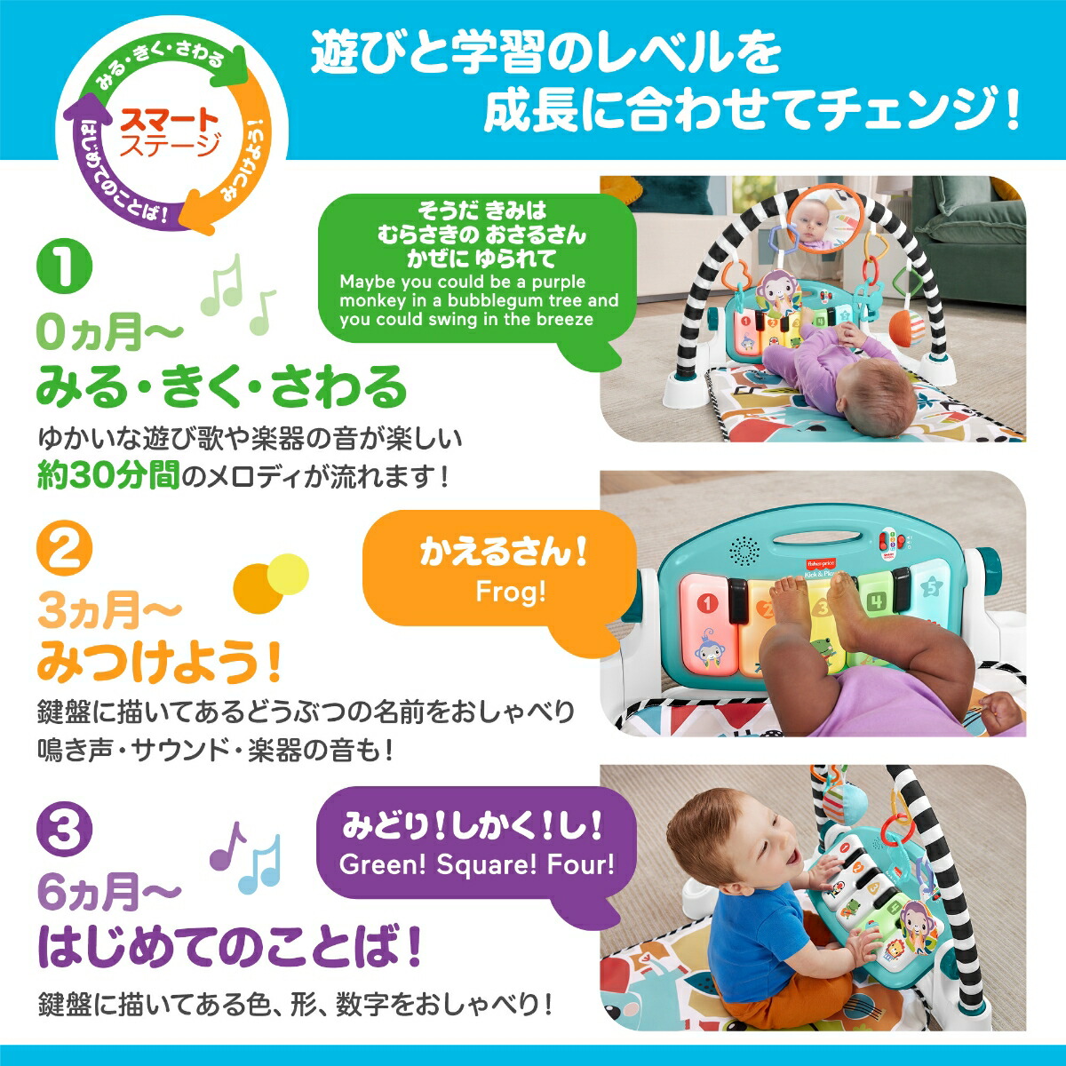 フィッシャープライス(fisherprice)あんよでキック！感覚が育つ4WAYバイリンガル・ピアノジム-2024年モデルー赤ちゃん・幼児おもちゃ室内遊具ベビージム・プレイマット・英語・外国語0ヵ月からマルチHYJ72