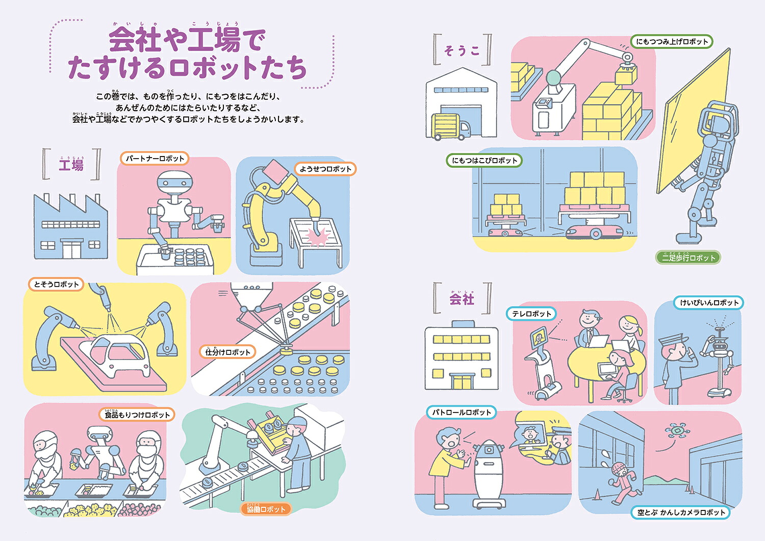 3会社や工場でたすけるロボット（ロボットがおたすけ！大百科）[日本ロボット学会・子ども中心のロボティクス研究専門委員会]