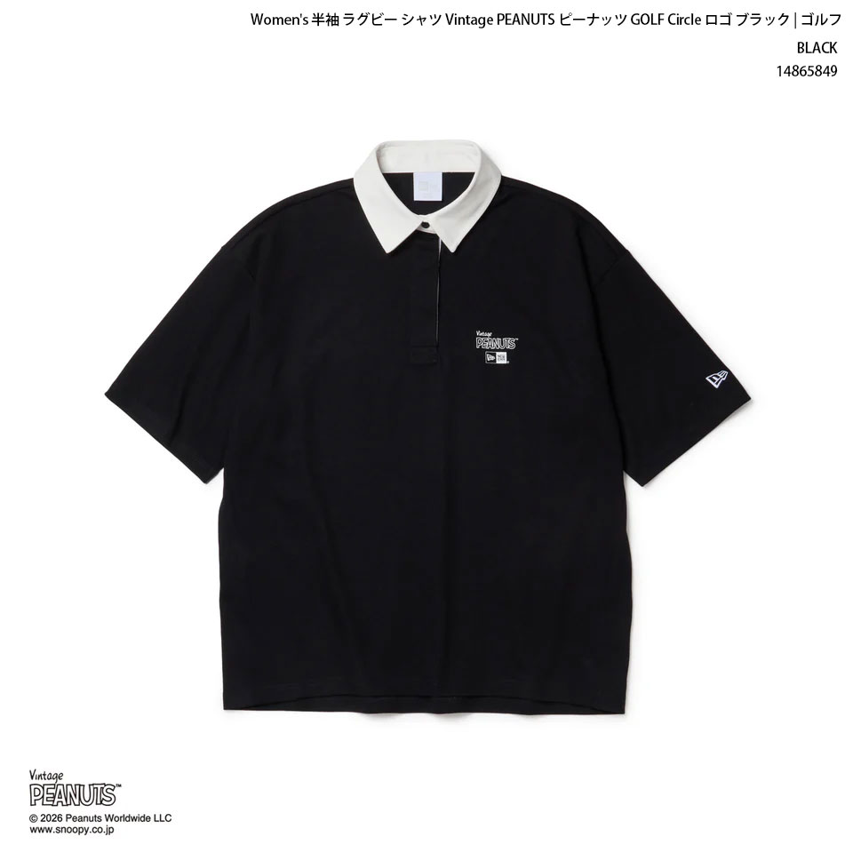 【マラソンP5倍+最大1万円OFFクーポン】ゴルフ ウェア レディース NEW ERA ニューエラ Women's 半袖 ラグビー シャツ Vintage PEANUTS ピーナッツ GOLF Circle ロゴ ブラック ポロシャツ スヌーピー|Boom Sports EC店