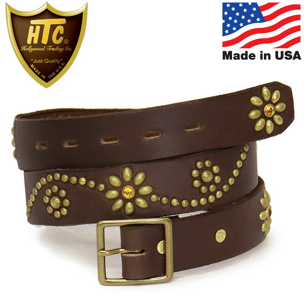正規取扱店 HTC(Hollywood Trading Company) Belt #25 Stone 1.25 W/End 1.25インチ ベルト ダークブラウンレザーxブラススタッズxイエローストーン