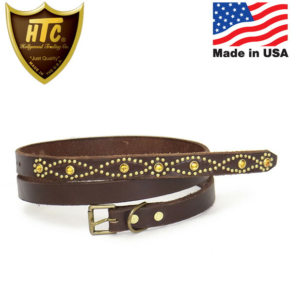 正規取扱店 HTC(Hollywood Trading Company) Belt End Only #D-Style Stone 0.75インチ ベルト ダークブラウンレザーxブラススタッズxイエローストーン