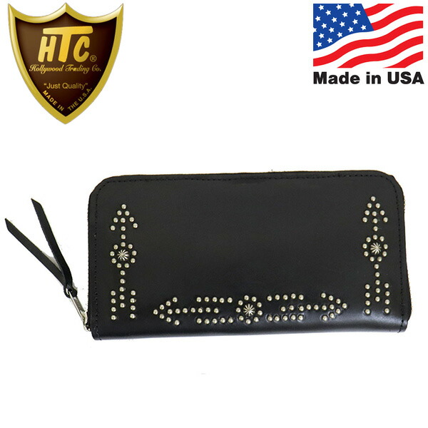 置き目取りまわし店 HTC(Hollywood Trading Company) Zipper Large Wallet #BONE\u0026ARROW Umbrella ファスナー ラージウォレット 黒いことなめし革xシルバースタッズ