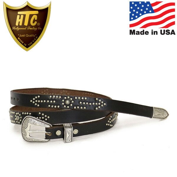置き目取りまわし店 HTC(Hollywood Trading Company) Belt #Western Narrow BONE\u0026ARROW Umbrella 0.75in 胴締め 黒いことなめし革xシルバースタッズ
