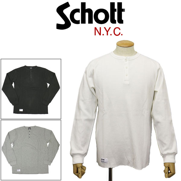 正規取扱店 Schott (ショット) 5930007 HONEYCOMB WAFFLE HENRY NECK T-SHIRT ハニカムワッフル LS ロングスリーブ ヘンリーネックTシャツ 全3色
