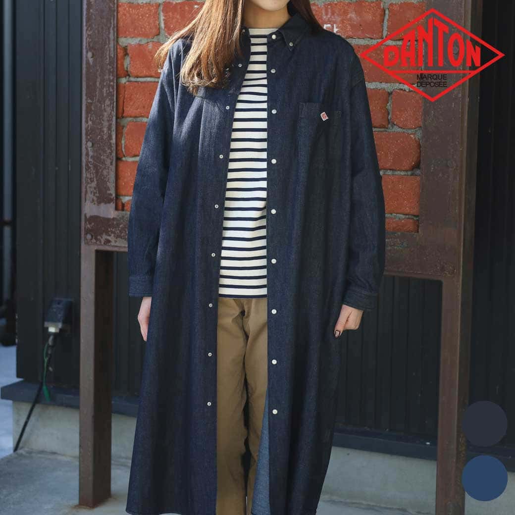 DANTON ダントン デニム ダンガリー ボタンダウン シャツ ドレス DENIM DUNGAREE B.D SHIRT DRESS レディース 春夏 コットン 100％ インディゴ ライトインディゴ 36サイズ