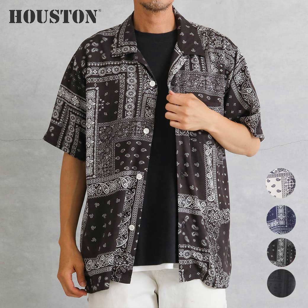 【6/4 20:00~6/11 9:59までP10倍】HOUSTON ヒューストン ALOHA SHIRT BANDANA  アロハシャツ バンダナ メンズ アセテート BLACK CHARCOAL NAVY NATURAL M L
