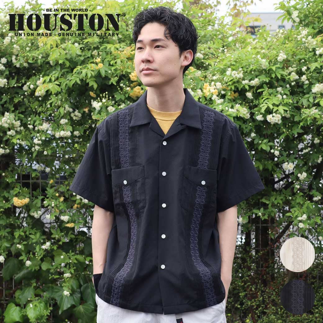 HOUSTON ヒューストン 刺しゅうキューバ共和国プルオーバー メンズ 春夏 ポリエステル 綿織物 OFF WHITE BLACK M L 41306 貨物輸送無料