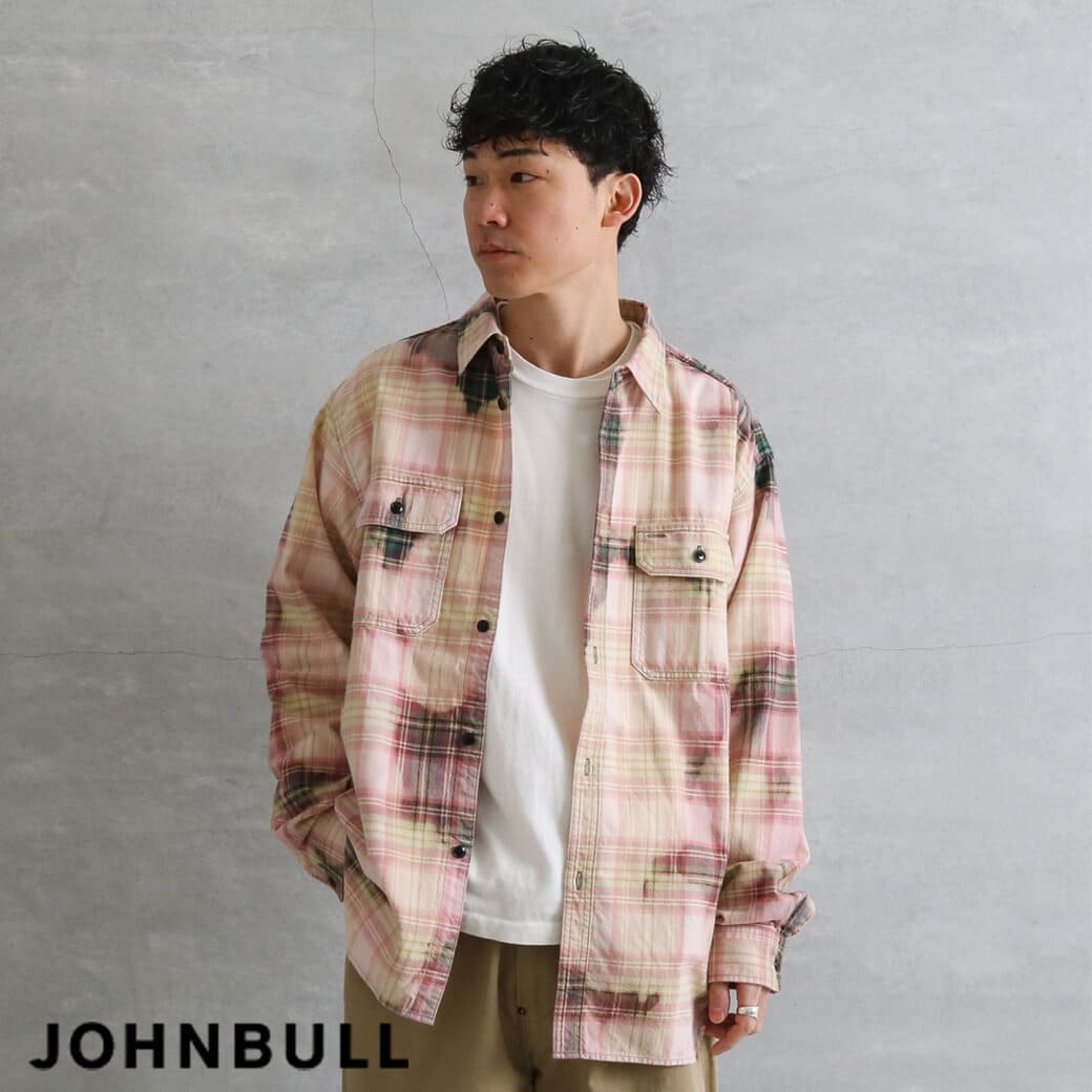 【5/9 20:00～5/16 9:59までP10倍】Johnbull ジョンブル ムラブリーチチェックネルシャツメンズ 綿織物 緑であること×サクラ色 M L メンズファッション-トップス