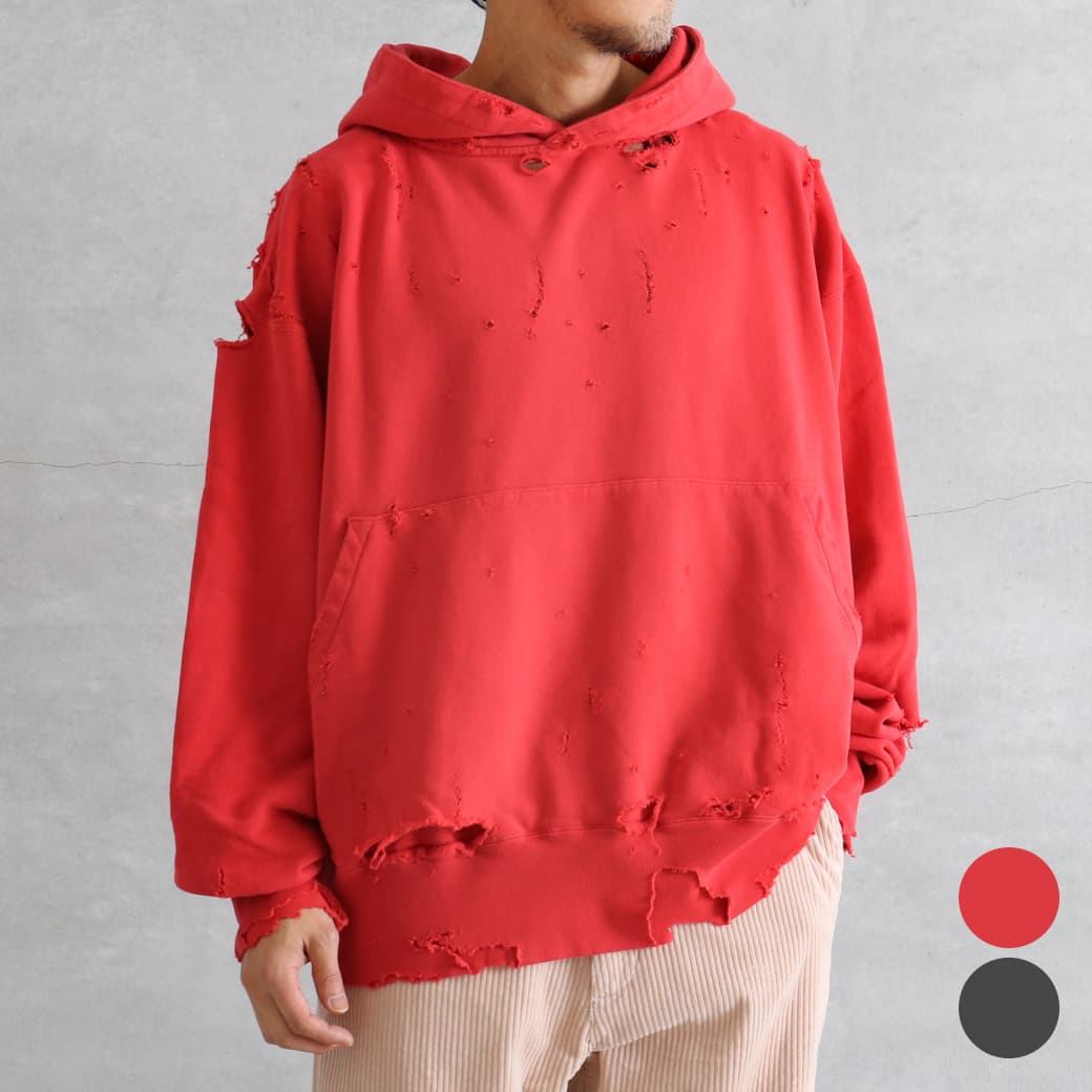 【7/19 20:00~7/26 9:59までP10倍】KURO クロ モア ダメージ ウォッシュ スウェット パーカー メンズ コットン FADED BLACK RED Lサイズ XLサイズ トップス カジュアル 長袖 送料無料 シンプル ストリート カジュアル ダメージ加工 2025年 秋冬|BORN FREE E-SHOP
