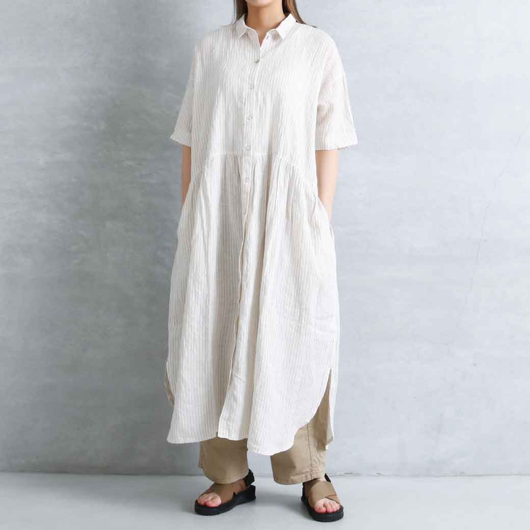 【7/19 20:00~7/26 9:59までP10倍】コロニー a+koloni リネンストライプシャツワンピース Linen striped shirt one piece 21122000 レディース 半袖 シャツ 春夏 リネン ワンピース ボーンフリー BORN FREE|BORN FREE E-SHOP