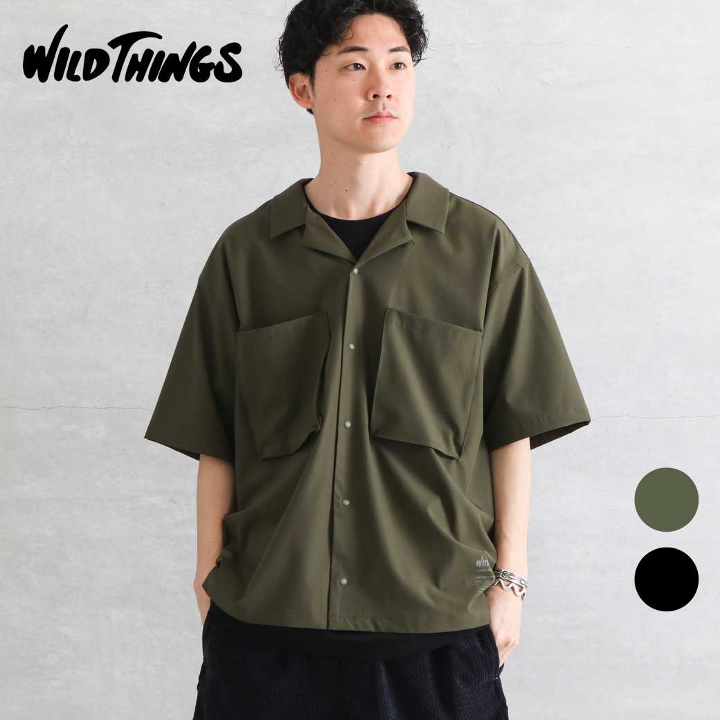 WILD THINGS ワイルドシングス オープンカラーポケットシャツ OPEN COLLAR POCKET SHIRT メンズ 春夏 ポリエステル ポリウレタン BLACK OLIVE M L大きさ
