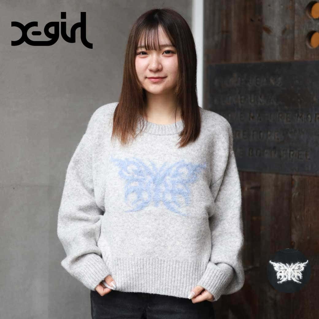 【7/19 20:00~7/26 9:59までP10倍】X-girl エックスガール トライバルバタフライニットトップ TRIBAL BUTTERFLY KNIT TOP レディース トップス カジュアル 長袖 ニット 秋冬 105254015017 ワンポイント デザイン 2色 フリーサイズ Y2K|BORN FREE E-SHOP