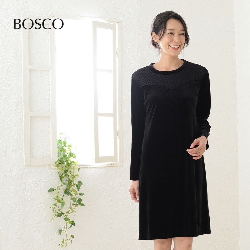 40代 30代 女子会 9号 50代 11号 伸びる 13号 M ドット L 秋服 Xl 透けない アウトレットセール ワンピース ブラック ミディ丈 パーティー ベロア 秋冬 秋服 エレガント ドット クルーネック 後ろファスナー 素材感 暖かい 大きいサイズ 体系カバー ゆったり 大人可愛い