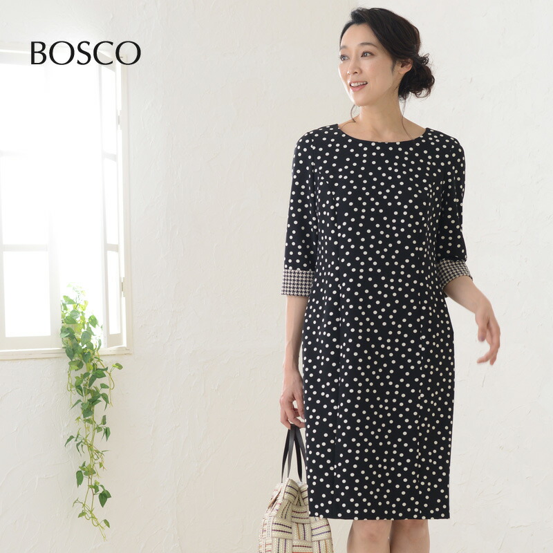 着やすい ミモレ丈 ファスナー 美人 13号 春先 日本製 着痩せ 春服 Xl L M お呼ばれ 春夏 ワンピース 春 きれいめ ドット 水玉 千鳥 千鳥格子 ハウンドトゥース 袖 切り替えデザイン ミディ丈 ミモレ丈 膝丈 レディース 日本製 国産 イタリア 生地使用