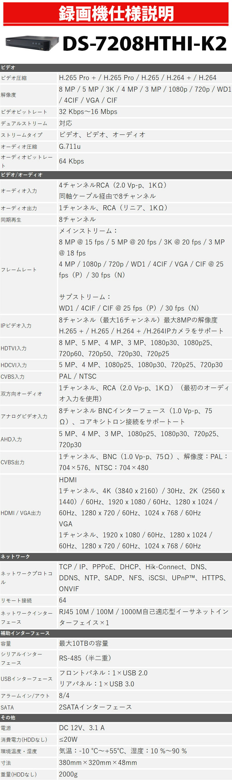 HIKVISION防犯カメラ用レコーダー録画機HD-TVI8CHH.265+対応デジタルレコーダーDS-7208HTHI-K2