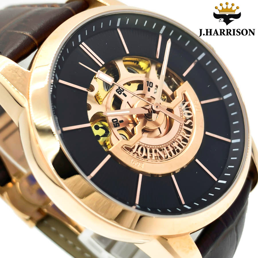 腕時計、アクセサリー メンズ腕時計 国産原料100% J.HARRISON フロントローター 自動巻き スケルトン時計 