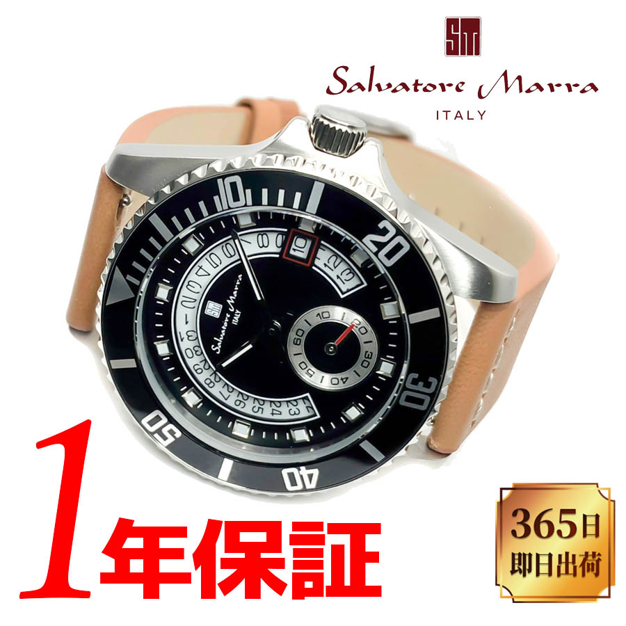 【 送料無料】【ベルト2本セット】【当店限定オイルレザーベルト】【純正ステンレスベルト付属】Salvatore Marra サルバトーレマーラ メンズ クォーツ 腕時計 日常生活防水(50m防水) ステンレス アナログ デイトカレンダー スモールセコンド 回転ベゼル SM22107-SSBK