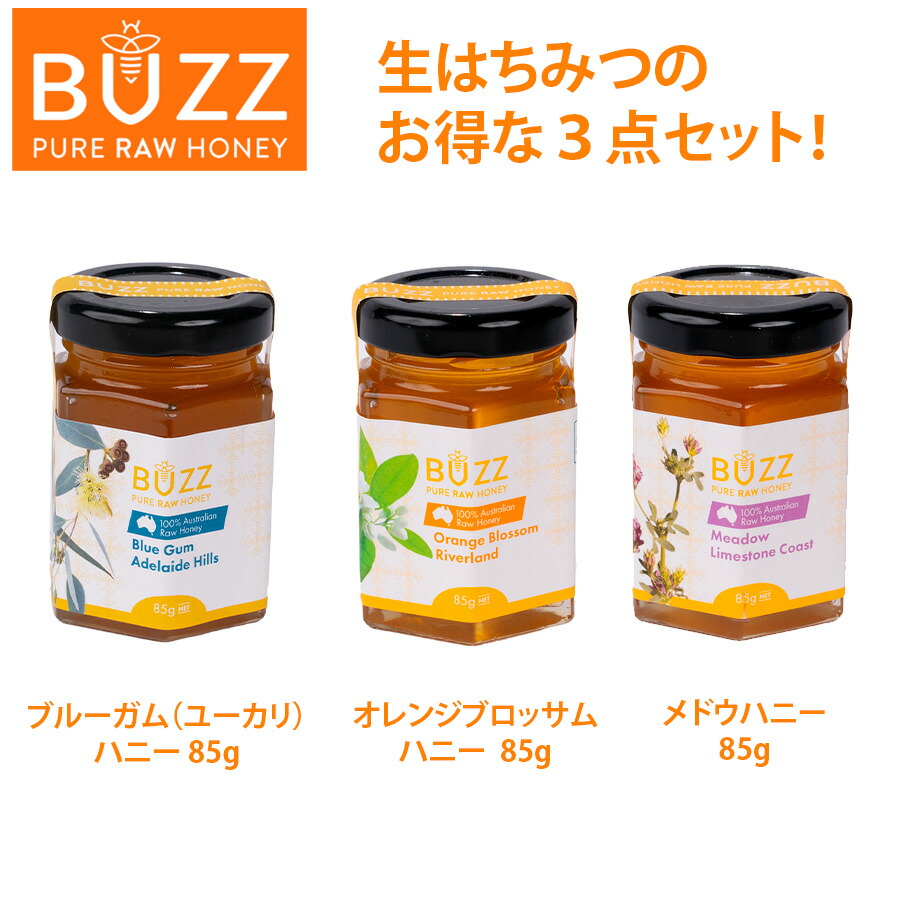 市場 期間限定ポイント10倍 生はちみつ ハニー 85g x Honey バズ ３種類セット メドウハニー Buzz 3 オレンジブロッサムハニー  ブルーガムハニー