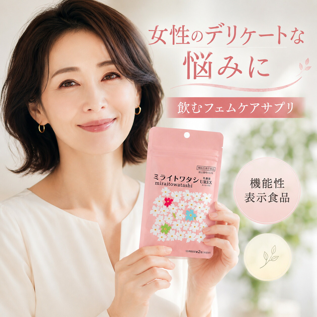 機能性表示食品 ミライトワタシ乳酸菌UREX 60粒 x 3袋セット 生菌製造時96億個 膣内環境 デリケートゾーン かゆみ におい ケア サプリ 乳酸菌 サプリメント UREX ユーレックス GR-1 RC‐14 善玉菌 デリケートゾーンに届いて定着 フェムケア 匂い 臭い 消臭 痒み 便秘 更年期｜ミライトワタシ