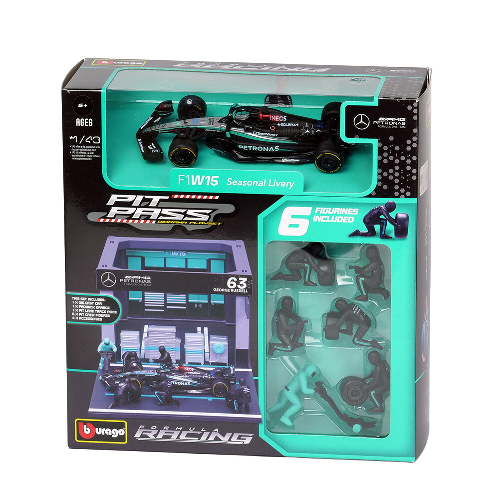 Bburago 1/43 メルセデス-AMG ペトロナス F1チーム PIT PASS セット W15 #63 G.ラッセル(クルー×6pcs,パドックガレージ) BUR38452H