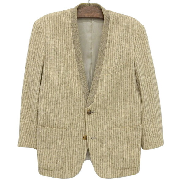 イッセイミヤケ ISSEY MIYAKE ノーカラー ストライプ ジャケット メンズ ベージュ sizeM コットン シルクリネン混 00’s ME31KD010 Y03452