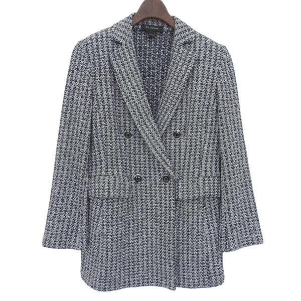美品 ST.JOHN セント ジョン サイズ6 レーヨン ウール混 織柄 ニット ツイード ダブル ジャケット レディース ネイビー グレー YB0125 【中古】