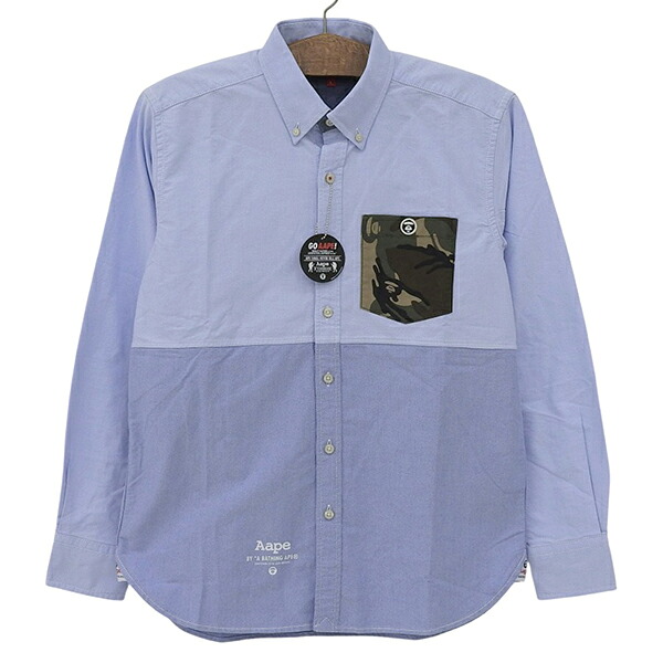 未使用 A BATHING APE ア ベイシング エイプ GO AAPE! AST8066 サイズL タグ付き コットン カモフラ　迷彩 ポケット 長袖 シャツ メンズ ブルー　バイカラー YB0134 【中古】