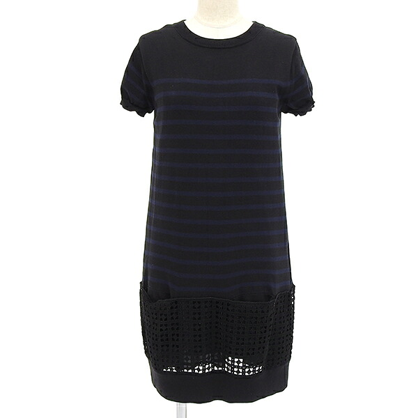 Sacai luck サカイ ラック Cotton S/S Striped Eyelet Dress 15SS LU937 サイズ2 コットン 異素材 切り替え ニット ボーダー 半袖 ワンピース レディース ブラック ネイビー ECO0111 【中古】｜BRAND CLOSET