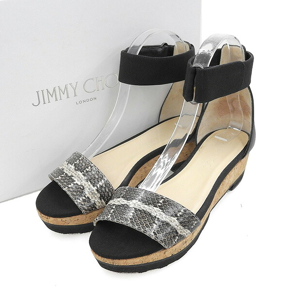 JIMMY CHOO ジミーチュウ サイズ37 約24.0cm 箱付 パイソン×コルク ウェッジソールサンダル レディース ブラック ECO0202 【中古】|BRAND CLOSET