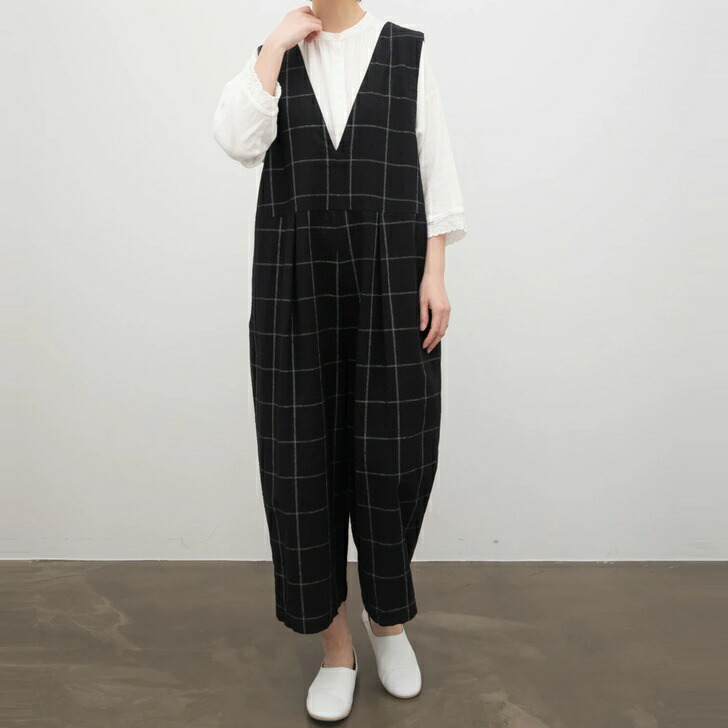 SUN VALLEY サンバレー コットン リネン 綿 麻 平織 2WAY サロペット SK4043258 sunvalley レディースファッション 服 大人の ナチュラル ゆったり 大人コーデ きれいめ シンプル カジュアル 30代 40代 50代 60代 大きい 大人 大人女子 大人服 チェック ブラック レディース