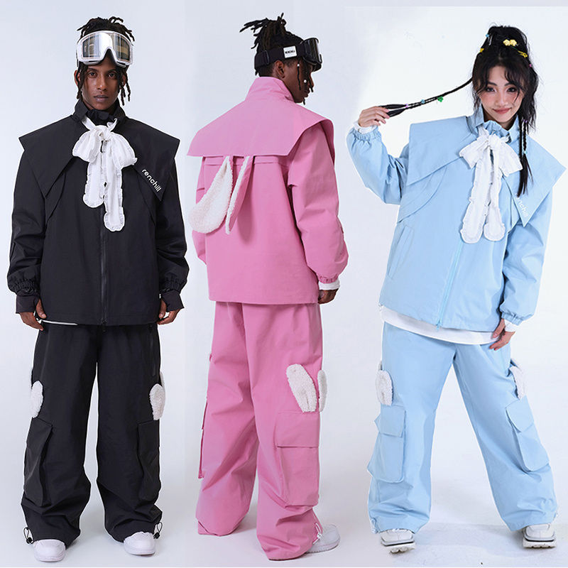 兎耳付き スノーボードウェア 上下セット セットアップ スノボジャケット アウター スノボパンツ ロングパンツ ボトムス ズボン レディース メンズ かわいい ウサギ耳 スノボウェア スキーウェア 男女兼用 防水 防寒 保温 防雪｜Rizumu店