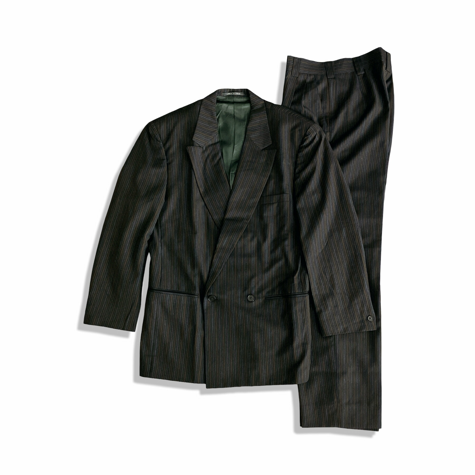 GIANNI VERSACE ジャンニ ヴェルサーチ ストライプ柄 ダブルブレスト 2B ウール スーツ size 46 チャコールグレー ブルー メンズ【中古】【鑑定済み】