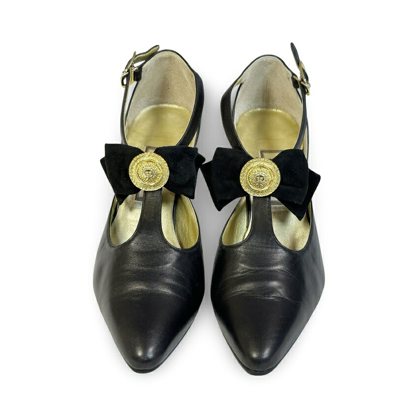 GIANNI VERSACE ジャンニヴェルサーチ リボン サンバースト Tストラップ パンプス ブラック 黒 size 35 イタリア製【中古】【鑑定済み】【送料無料】 13,855円