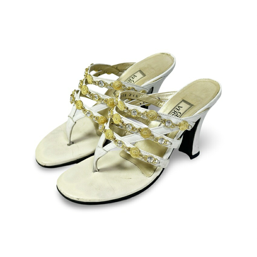 GIANNI VERSACE ジャンニヴェルサーチ ストーン装飾 トング サンダル ホワイト size 35 レディース シューズ 靴 イタリア製【中古】【鑑定済み】【送料無料】