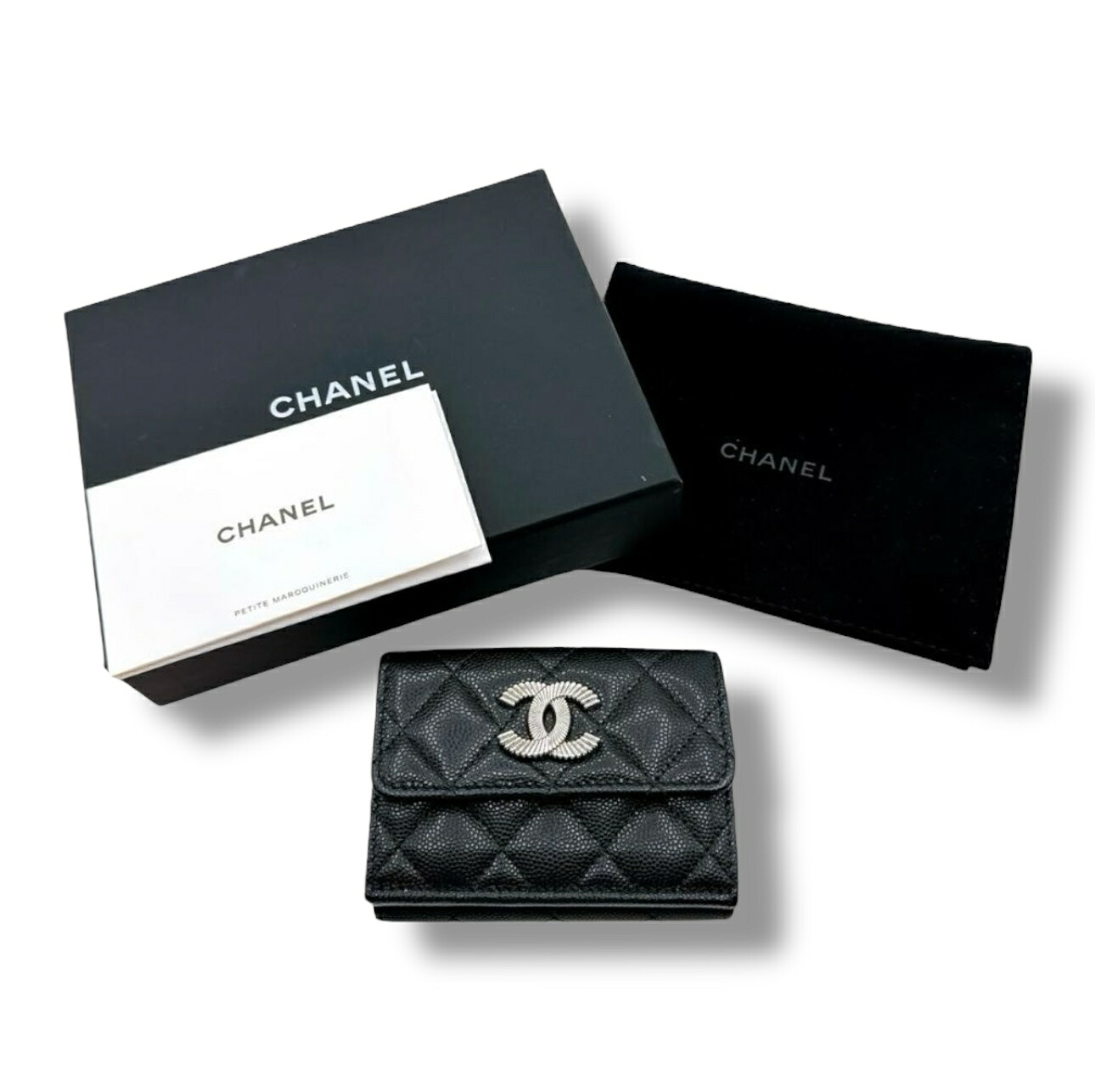 CHANEL シャネル マトラッセ ココマーク 三つ折り財布 コンパクト ウォレット キャビアスキン【中古】【鑑定済み】