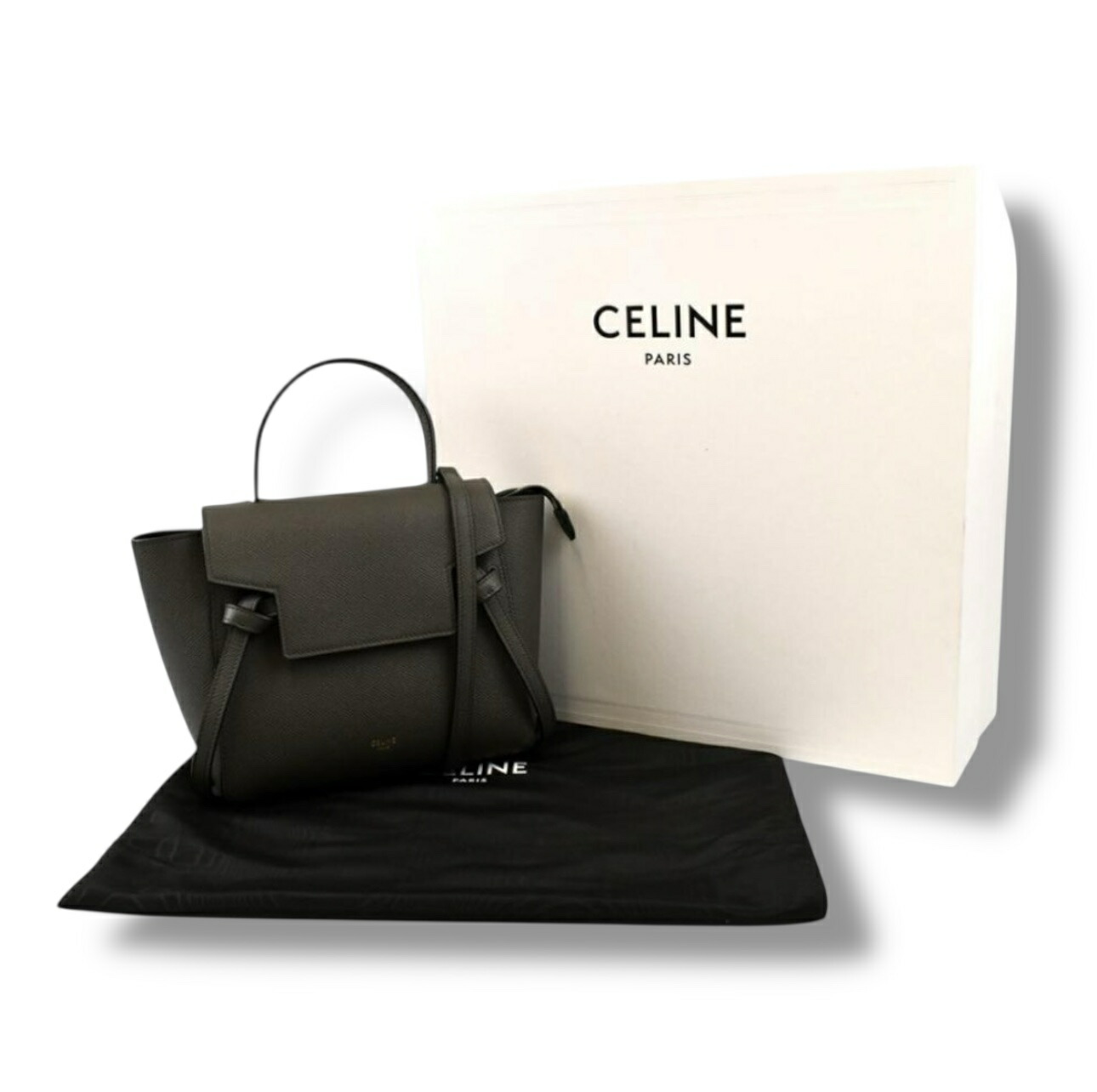 CELINE セリーヌ ベルトバッグナノ 新型 新ロゴタイプ 2WAY なめし革 ハンドバック 薄墨色 A序列付ける【中古】【位置づける済み】
