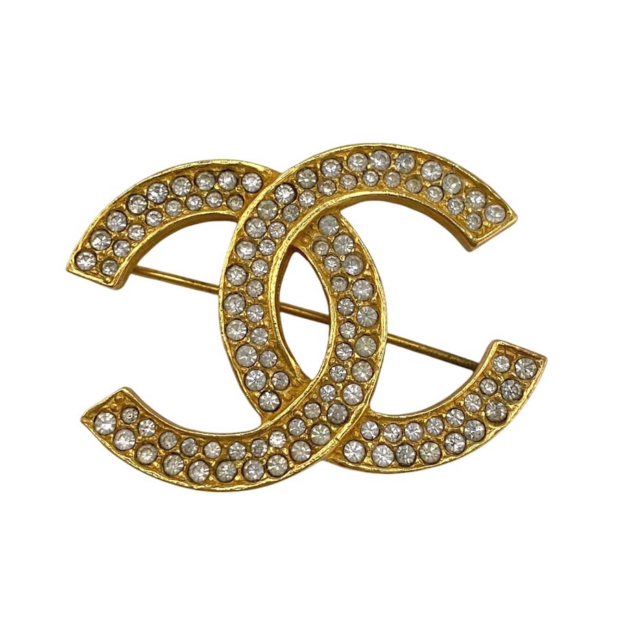 CHANEL シャネル GP×ラインストーン ココマーク 174 ブローチ ゴールド 【中古】【鑑定済み】