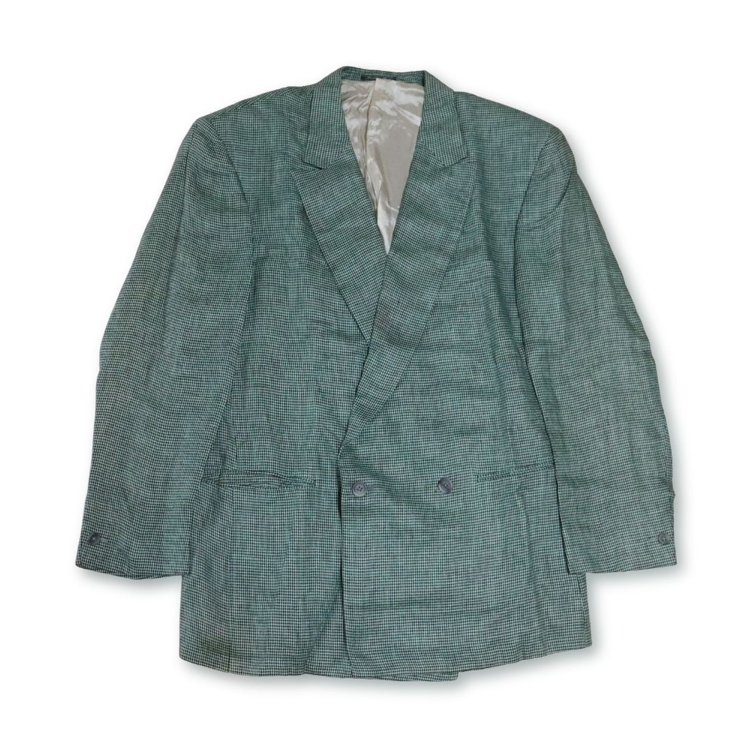 GIANNI VERSACE ジャンニ ヴェルサーチ リネン 千鳥格子柄 ダブル テーラード ジャケット グリーン size 50 ビジネス メンズ イタリア製【中古】【鑑定済み】【送料無料】