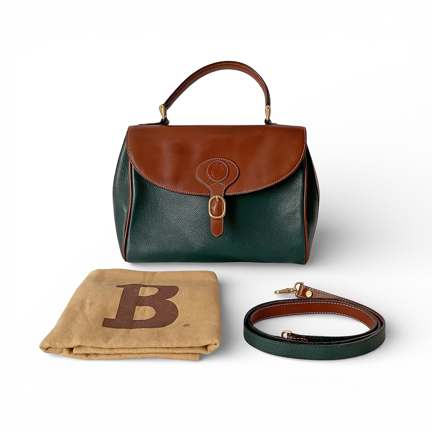 BALLY バリー 2WAY レザー ショルダーバッグ ハンドバッグ グリーン ブラウン レディース メンズ ユニセックス 鞄 イタリア製【中古】【鑑定済み】