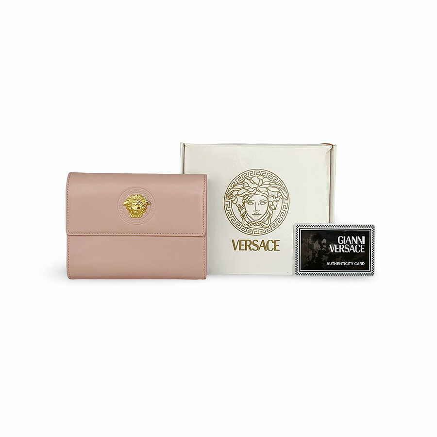GIANNI VERSACE ジャンニヴェルサーチ メデューサ 三つ折り なめし革 紙入れ パウダーコンパクト ウォレット サクラ色 A序列付ける【中古】【位置づける済み】