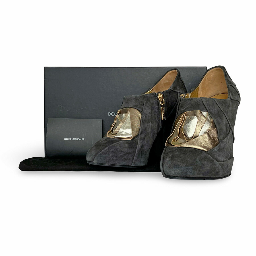 DOLCE \u0026 GABBANA ドルチェ\u0026ガッバーナ ローズモチーフ ポインテッドトゥ スエード パンプス ブーティ size 36 グレー レディース【中古】【鑑定済み】